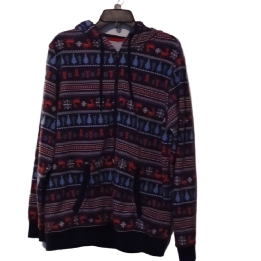 -- ADT Blue and Red Zip Up Mens Jacket with Festive Pattern Size Large